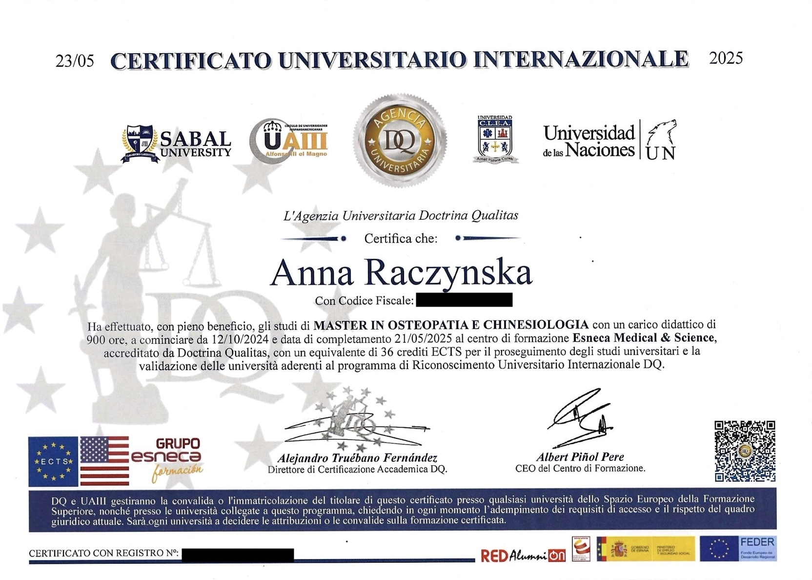 Certificato Universitario Internazionale — Master in Osteopatia e Chinesiologia