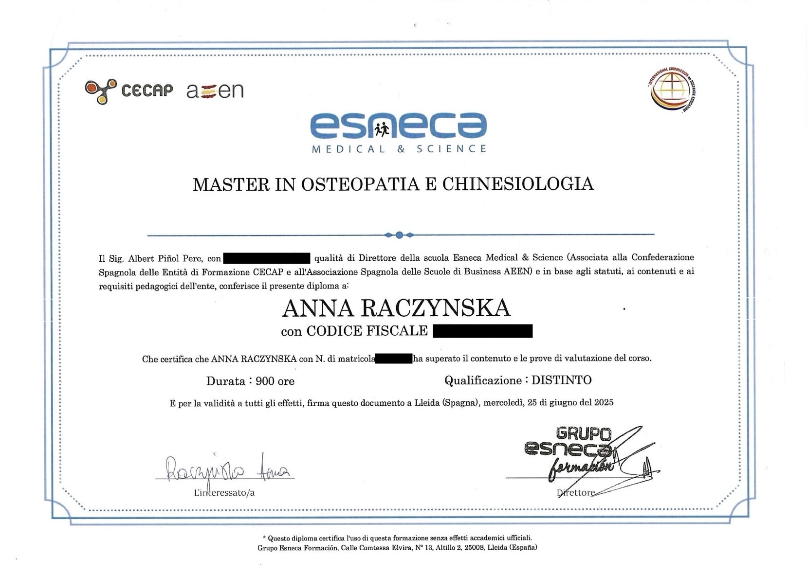 Dyplom Esneca Medical & Science — Master in Osteopatia e Chinesiologia